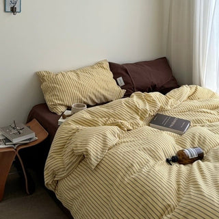 Yellow Brown Pin Stripe Cotton Duvet Cover Set 2 Sizes  All Seasons