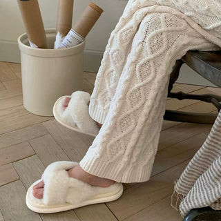 Cross Faux Fur Fluffy Room Shoes  Indoor Slippers