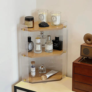 Clear Acrylic Wood Grain Finish Three-Tier Storage Corner Rack   Perfect for Cosmetics and Perfumes