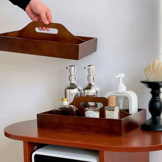 Handled Wooden Rectangular Storage Tray for Cosmetics and Perfumes