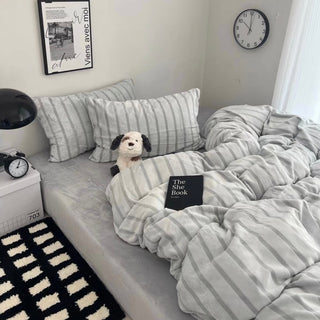 Gray Stripe Fluffy Flannel Duvet Cover Set