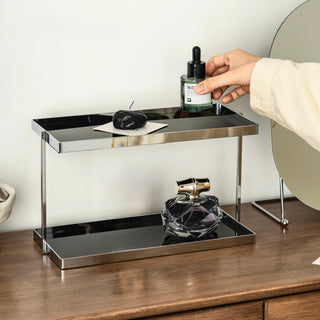 Silver Frame Rectangular Two-Tier Storage Display Rack   Includes Tray for Cosmetics and Perfume Storage