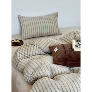 Beige Brown Double Stripe Milk Velvet Winter Duvet Cover Set
