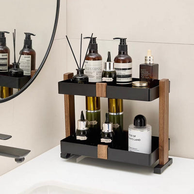 Wood Black Cosmetic Storage Rack with Legs Two-Tier Display Rack Bathroom Stand