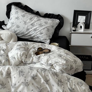 Flower Pattern Black Frill Monotone Duvet Cover Set  All Season