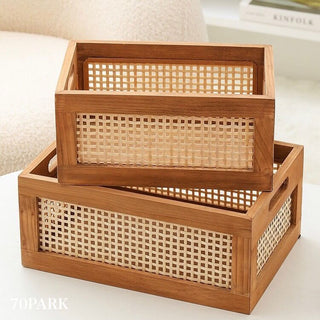 Wood Bamboo Storage Basket Set of 2 in