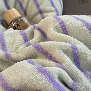 Purple Stripe Piping Thick Milk Fleece Winter Duvet Cover Set