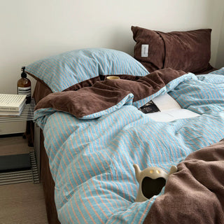 Blue Brown Pin Stripe Cotton Fleece Winter Duvet Cover Set