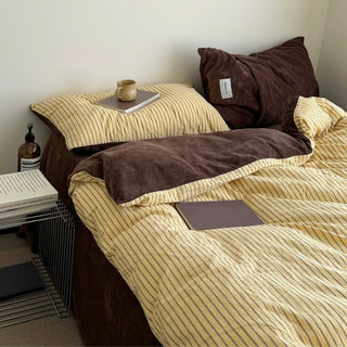 Yellow Brown Pin Stripe Cotton Fleece Winter Duvet Cover Set