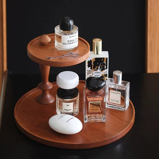 Natural Wood Movable Two-Tier Round Tray Storage