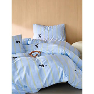 Blue Cat Stripe Duvet Cover Set  Bed Cover Cat