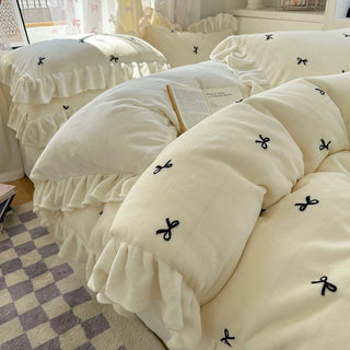 Ribbon pattern frill milk velvet winter duvet cover set 2 sizes