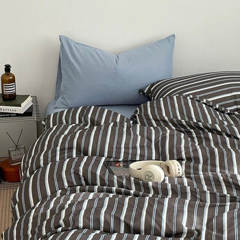 Gray x Blue Stripe Soft Cotton Duvet Cover Set   Bed Cover  All Seasons  Year-Round