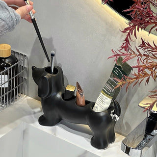 Dachshund motif ceramic toothbrush holder dog-themed storage bathroom sink.