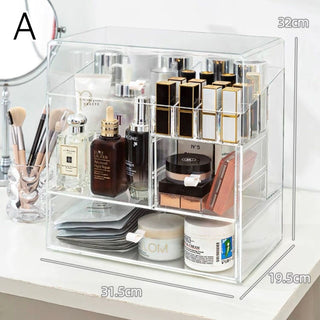 Square-shaped clear cosmetic boxin  for makeup storage.