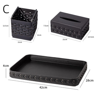 Piece Set: Braided Geometric Pattern Leather Tray Tissue Box Small Item Holder  Storage Brush Stand