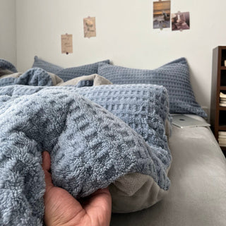 Blue Gray Thick Milk Fleece Winter Duvet Cover Set