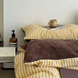 Yellow Brown Pin Stripe Cotton Fleece Winter Duvet Cover Set