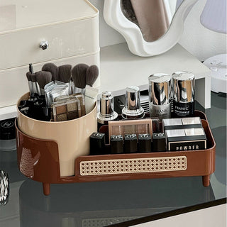 degree rotating brush stand with woven-style cosmetic storage tray