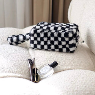 Checkerboard pattern faux fur pouch cosmetic storage bag