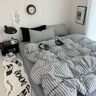 Gray and White Stripe Cotton Duvet Cover Set   All Seasons