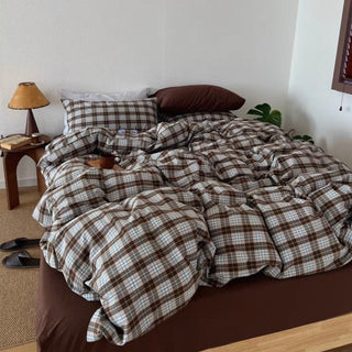 Brown Sheets Checkered Pattern Cotton Duvet Cover Set  All Seasons