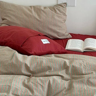 Red Beige Pin Stripe Cotton Duvet Cover Set 2 Sizes  All Seasons