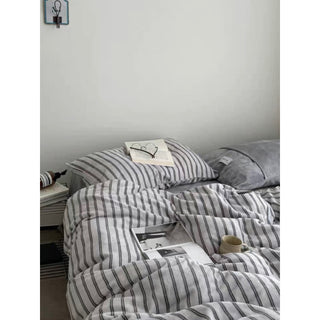 Gray Double Stripe Milk Velvet Winter Duvet Cover Set