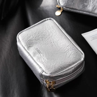 Simple Leather Rectangular Cosmetic Storage Pouch Waterproof Silver Small