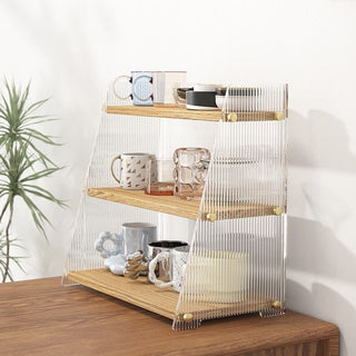 Clear x Wood Grain Three-Tier Storage Display Rack