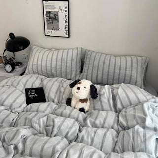 Gray Stripe Fluffy Flannel Duvet Cover Set