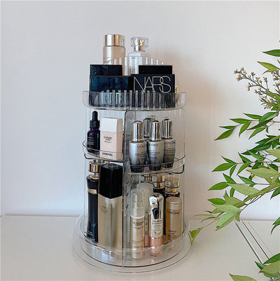 360 Degree Rotating Cosmetic Storage Three-Tier Rack with Tray