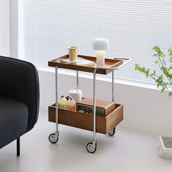 Wood Stainless Steel Side Table with Casters Two-Tier Storage Rack Wagon