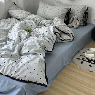 Blue polka dot pattern piping ribbon duvet cover set 2 sizes  bed cover all seasons year-round.