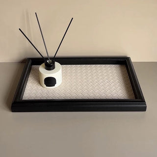 Intrecciato Rectangular Wood Frame Leather Tray