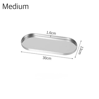 Stainless steel silver oval-shaped simple accessory trayin 3 sizes for storage.