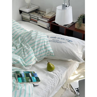 White and Green Stripe Duvet Cover Set