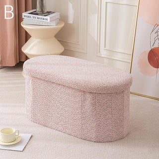Folding Oval Boucle Storage Stool  Ottoman Bench Stool Storage Storage Box