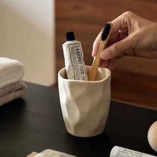 Natural Ceramic Textured Brush Stand for Bathroom Sink Mouthwash Cup Toothbrush Cup