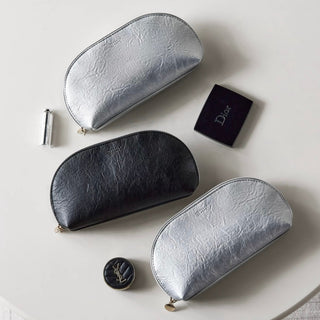 Simple Leather Half-Moon Shaped Cosmetic Storage Pouch  Silver Small