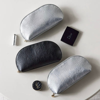 Simple Leather Half-Moon Shaped Cosmetic Storage Pouch  Silver Small