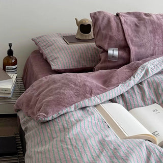 PinkPurple Pin Stripe Cotton Fleece Winter Duvet Cover Set