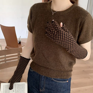Smartphone Compatible Checkerboard Pattern Long Gloves