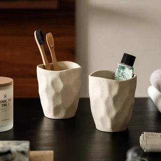 Natural Ceramic Textured Brush Stand for Bathroom Sink Mouthwash Cup Toothbrush Cup