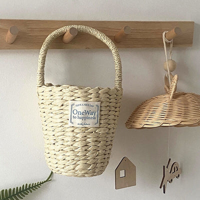 Cylindrical Natural Basket Storage Bag with Handles