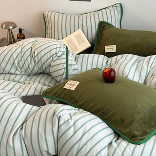 Green stripe piping thick milk fleece winter duvet cover set 2 sizes