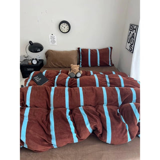 Brown Blue Wide Stripe Winter Duvet Cover Set