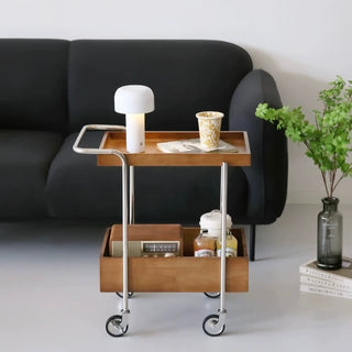 Wood Stainless Steel Side Table with Casters Two-Tier Storage Rack Wagon