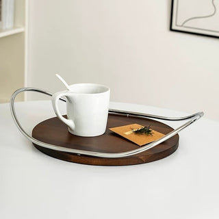 Stainless steel handle wood round display tray storage