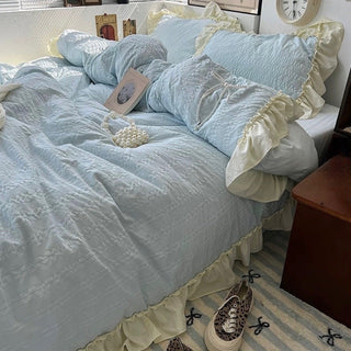 Frill Washed Cotton Duvet Cover Set  Blue Bed Cover